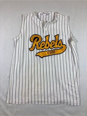 Sleeveless Pinstripe Jersey Top with Gold 'Rebels' Applique